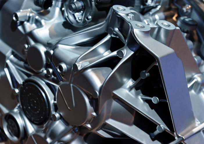 Engine of racing car, detail of modern powerful automobile motor with metal parts, abstract, selective focus